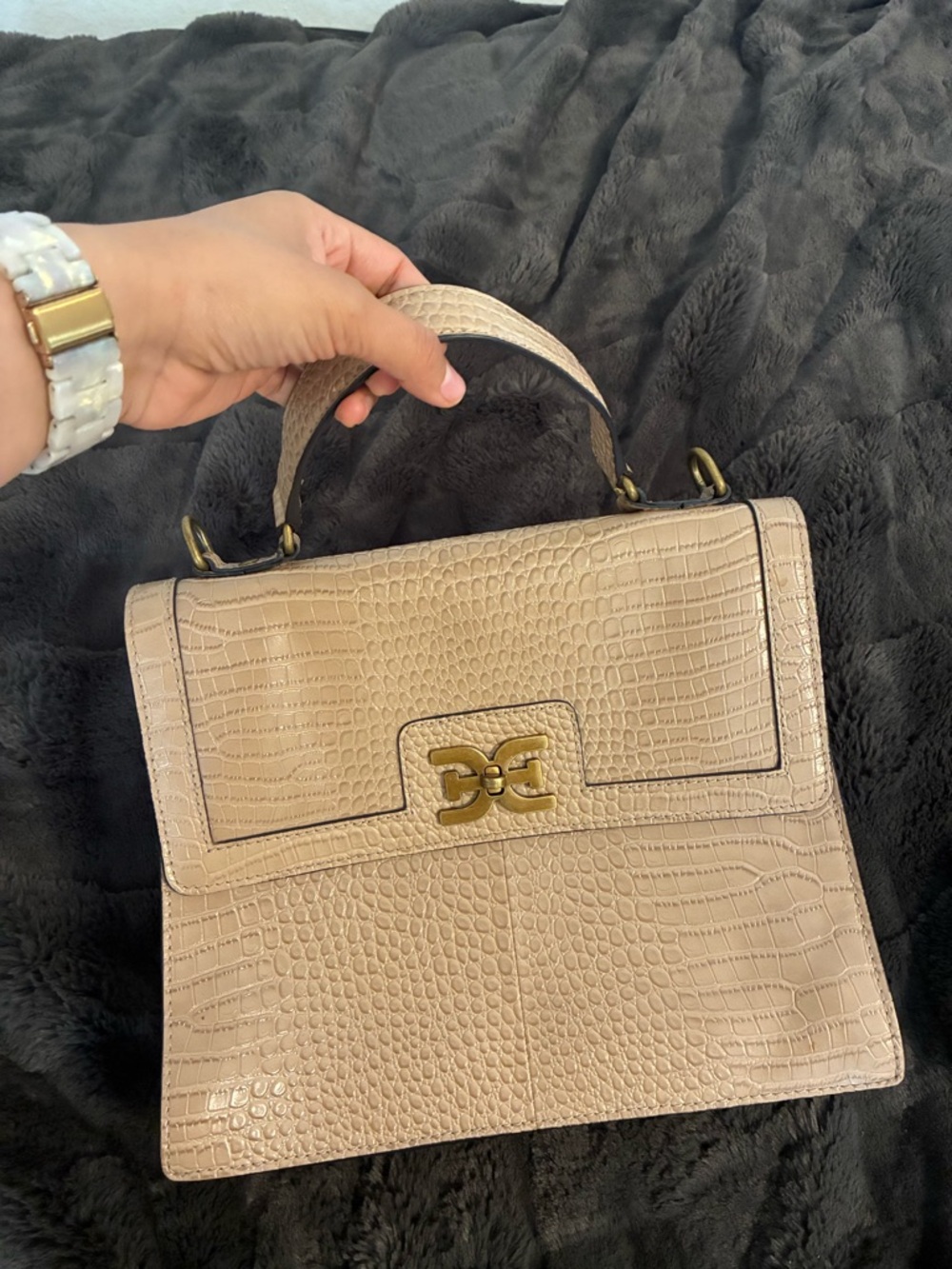 Sam Edelman Croc-Embossed Top Handle Satchel in Beige
